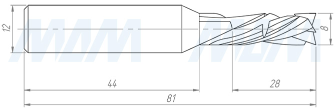 Размеры фрезы прямой для фрезерования и раскроя ЛДСП/МДФ D=8, H=28, S=12, Z=3+3 (артикул TC828S12Z3)
