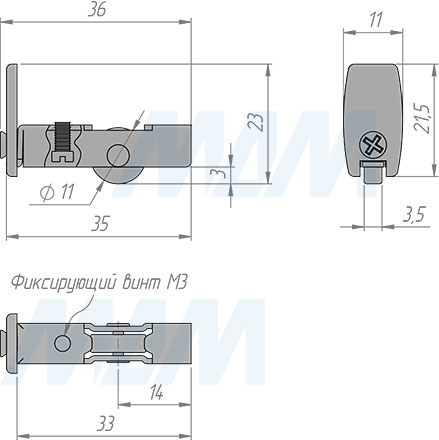 Размеры пластикового ролика ДУКО в профиль для раздвижных дверей (артикул 21/D)