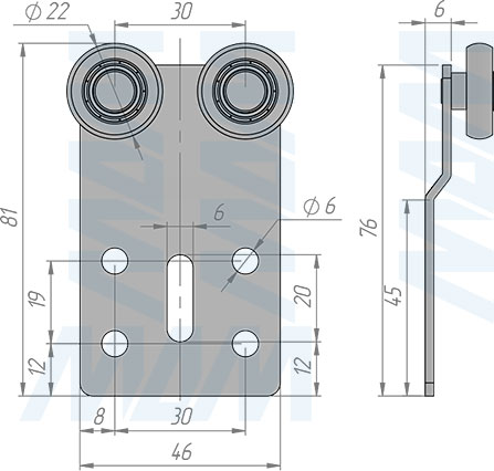 Размеры верхнего ролика S для двери до 50 кг (артикул 2214 KOP-S/50N)
