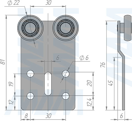 Размеры верхнего ролика T для двери до 50 кг (артикул 2215 KOP-T/50N)