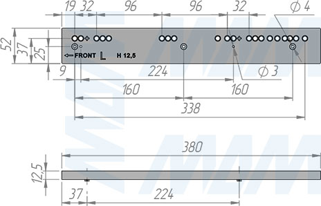 Размеры левого расширителя для выдвижных рамок AT серии ELITE (артикул AD25/10SXVG)
