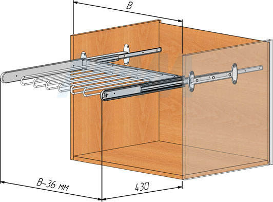 Установка вешала BELLE с полным выдвижением для хранения брюк (артикул BE...TR), схема 1