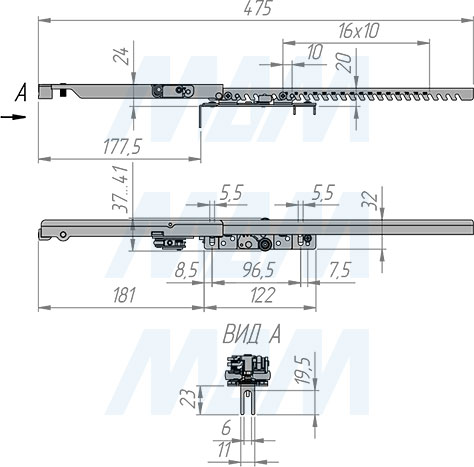 Размеры активатора доводчика INTEGRO для соосных дверей шкафа-купе (артикул DA50PIN)