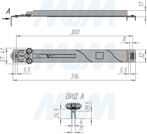 Размеры доводчика INTEGRO для шкафа-купе (артикул DA50)