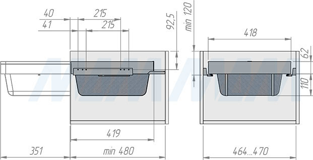 Установка выдвижной корзины ESENTA с плавным закрыванием для белья в корпус шириной 500 мм (артикул ES50BA), схема 1