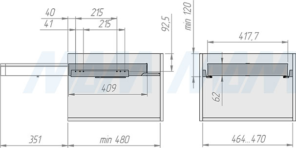 Размеры выдвижного органайзера ESENTA с плавным закрыванием для аксессуаров  в корпус шириной 500 мм (артикул ES50OR), схема 1