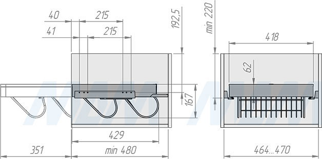 Установка выдвижной корзины ESENTA с плавным закрыванием для обуви в корпус шириной 500 мм (артикул ES50SH), схема 1