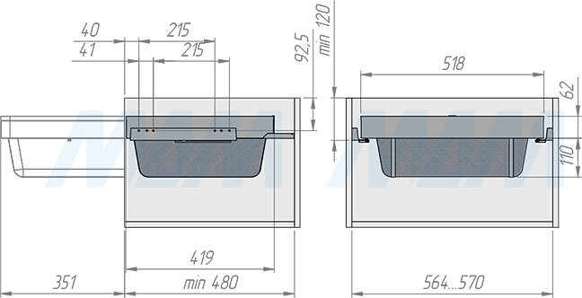 Установка выдвижной корзины ESENTA с плавным закрыванием для белья в корпус шириной 600 мм (артикул ES60BA), схема 1