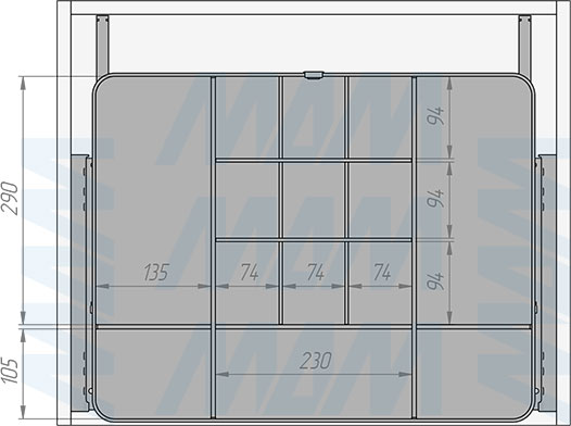 Размеры выдвижного органайзера ESENTA с плавным закрыванием для аксессуаров  в корпус шириной 600 мм (артикул ES60OR)