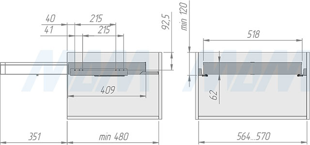 Установка выдвижного органайзера ESENTA с плавным закрыванием для аксессуаров  в корпус шириной 600 мм (артикул ES60OR), схема 1