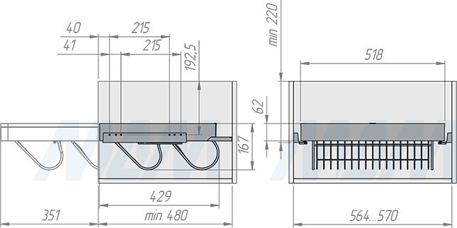 Установка выдвижной корзины ESENTA с плавным закрыванием для обуви в корпус шириной 600 мм (артикул ES60SH), схема 1