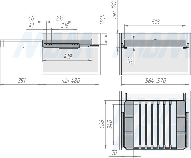 Установка вешала ESENTA с плавным закрыванием для брюк в корпус шириной 600 мм (артикул ES60TR), схема 1