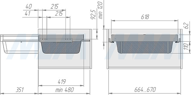 Установка выдвижной корзины ESENTA с плавным закрыванием для белья в корпус шириной 700 мм (артикул ES70BA), схема 1