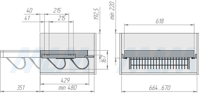 Установка выдвижной корзины ESENTA с плавным закрыванием для обуви в корпус шириной 700 мм (артикул ES70SH), схема 1