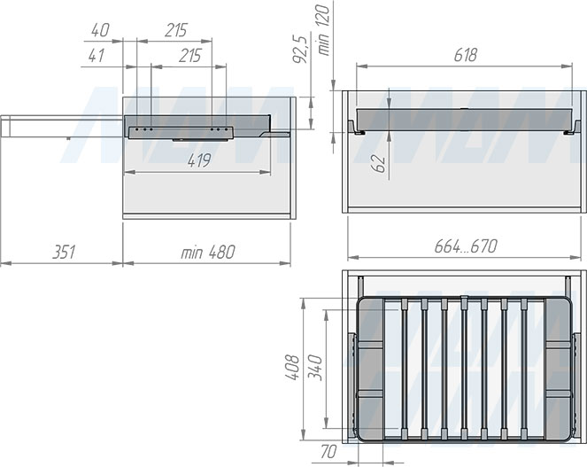 Установка вешала ESENTA с плавным закрыванием для брюк в корпус шириной 700 мм (артикул ES70TR), схема 1