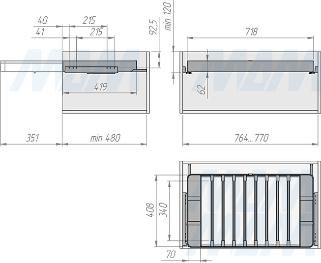 Установка вешала ESENTA с плавным закрыванием для брюк в корпус шириной 800 мм (артикул ES80TR), схема 1