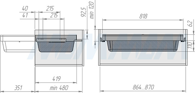 Установка выдвижной корзины ESENTA с плавным закрыванием для белья в корпус шириной 900 мм (артикул ES90BA), схема 1