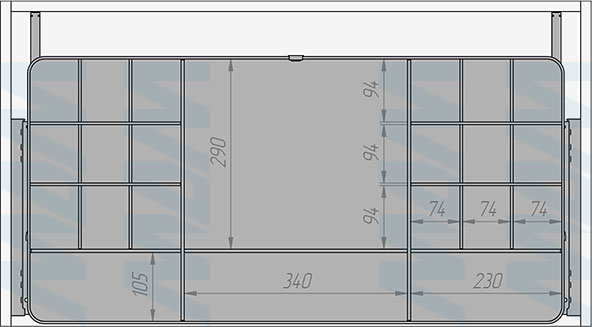 Размеры выдвижного органайзера ESENTA с плавным закрыванием для аксессуаров  в корпус шириной 900 мм (артикул ES90OR)