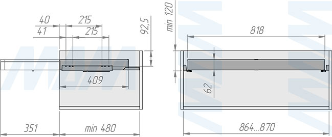 Установка выдвижного органайзера ESENTA с плавным закрыванием для аксессуаров  в корпус шириной 900 мм (артикул ES90OR), схема 1