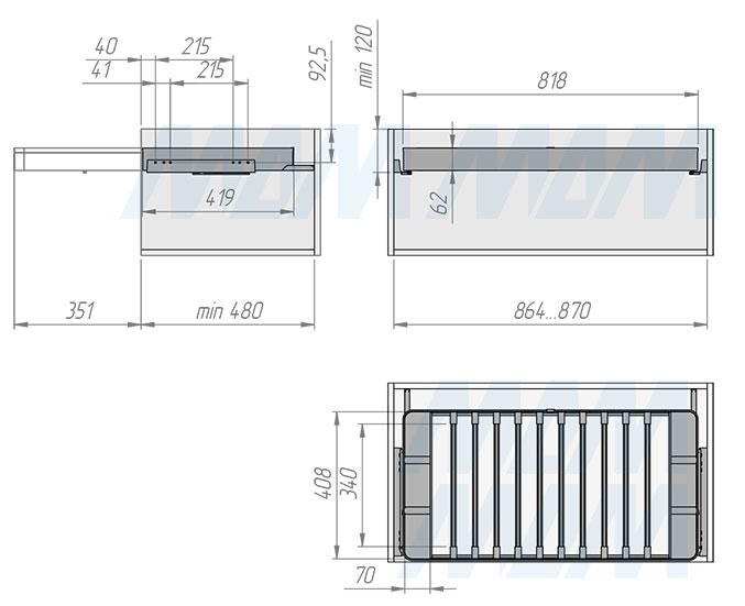 Установка вешала ESENTA с плавным закрыванием для брюк в корпус шириной 900 мм (артикул ES90TR), схема 1