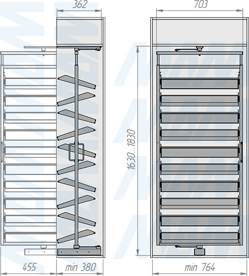 Установка поворотной обувницы ESENTA на 10 полок, высота 1630-1830 мм (артикул ESRSH10), схема 1