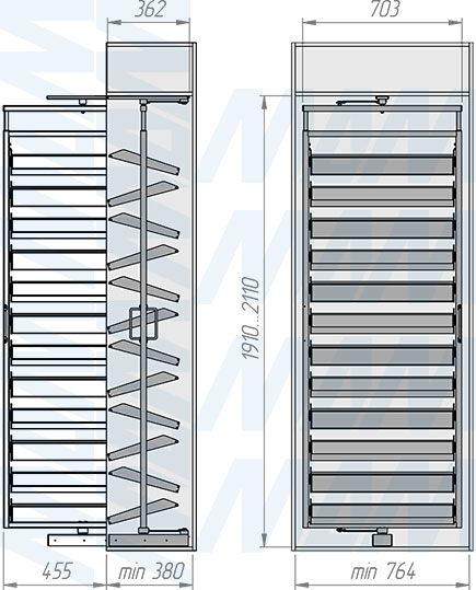 Установка поворотной обувницы ESENTA на 12 полок, высота 1910-2110 мм (артикул ESRSH12), схема 1