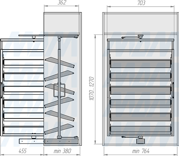 Установка поворотной обувницы ESENTA на 6 полок, высота 1070-1270 мм (артикул ESRSH6), схема 1