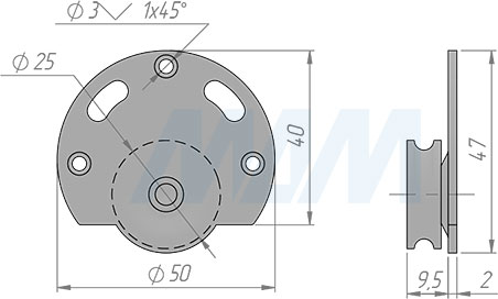 Размеры нижнего ролика раздвижной системы IKM30 (артикул IKM30)