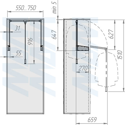 Установка пантографа 50-75 см с нагрузкой 10 кг (артикул LIFT300-5075). схема 1