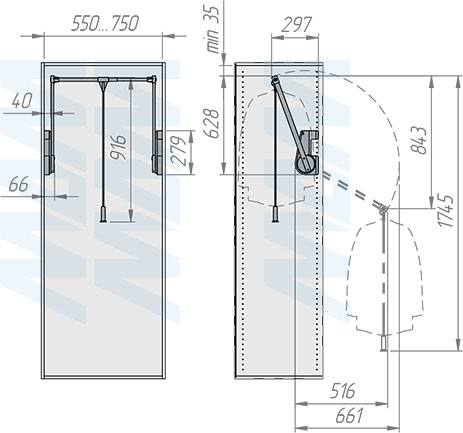 Установка пантографа 50-75 см с нагрузкой 15 кг (артикул LIFT700-5075), схема 1