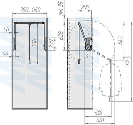 Установка пантографа 75-115 см с нагрузкой 15 кг (артикул LIFT700), схема 1