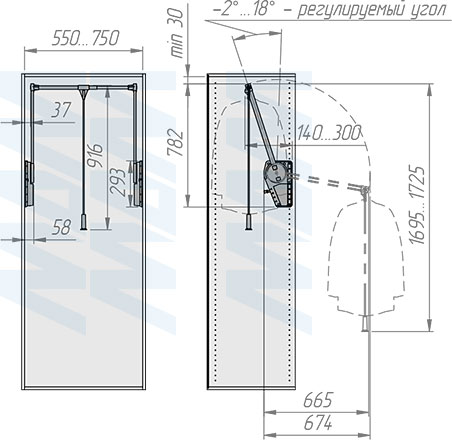 Установка пантографа SUPERLIFT 50-75 см с регулируемой нагрузкой (артикул SUPERLIFT-5075), схема 1