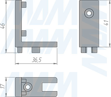 Размеры углового соединения с креплением к стене/потолку стеллажной (гардеробной) системы UNICO (артикул UN795A12), чертеж 3