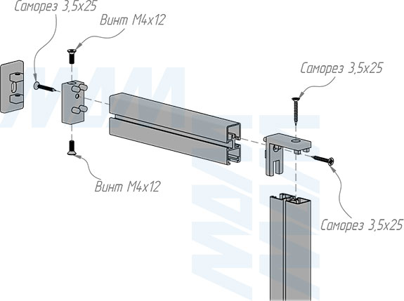 Установка углового соединения с креплением к стене/потолку стеллажной (гардеробной) системы UNICO (артикул UN795A12)
