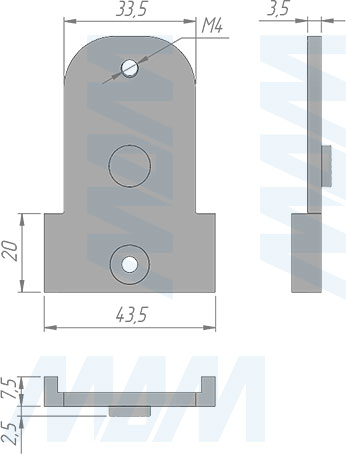 Размеры наклонного полкодержателя стеллажной (гардеробной) системы UNICO (артикул UN795A21), чертеж 1