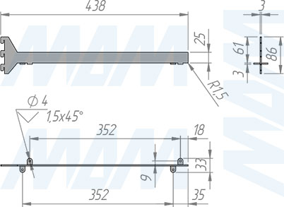 Размеры центрального кронштейна VERTIKO для деревянной полки толщиной 25 мм и длиной 400 мм (артикул VR4025C)
