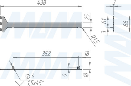 Размеры левого кронштейна VERTIKO для деревянной полки толщиной 25 мм и длиной 400 мм  (артикул VR4025L)