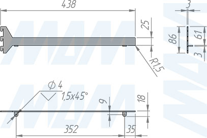Размеры правого кронштейна VERTIKO для деревянной полки толщиной 25 мм и длиной 400 мм  (артикул VR4025R)