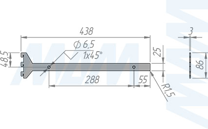 Размеры универсального кронштейна VERTIKO  для деревянной полки толщиной 25 мм и длиной 400 мм  (артикул VR4025)