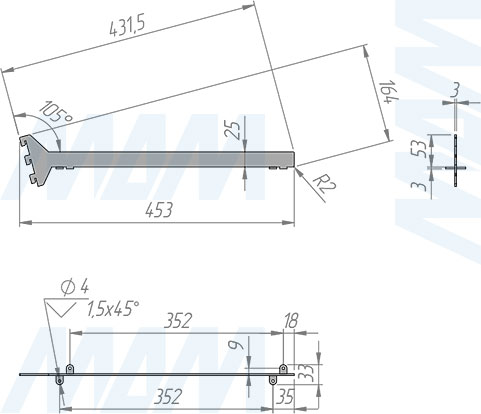 Размеры центрального наклонного кронштейна VERTIKO  для деревянной полки толщиной 25 мм и длиной 400 мм (артикул VR40SR25C)