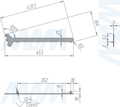 Размеры левого наклонного кронштейна VERTIKO  для деревянной полки толщиной 25 мм и длиной 400 мм (артикул VR40SR25L)