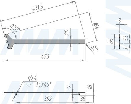 Размеры правого наклонного кронштейна VERTIKO  для деревянной полки толщиной 25 мм и длиной 400 мм (артикул VR40SR25R)