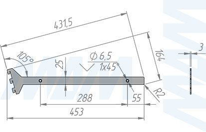 Размеры универсального кронштейна VERTIKO для наклонной деревянной полки толщиной 25 мм и длиной 400 мм (артикул VR40SR25)