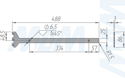 Размеры универсального кронштейна VERTIKO  для деревянной полки толщиной 25 мм и длиной 450 мм  (артикул VR4525)