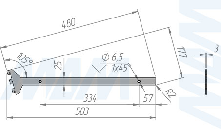 Размеры универсального кронштейна VERTIKO для наклонной деревянной полки толщиной 25 мм и длиной 450 мм (артикул VR45SR25)