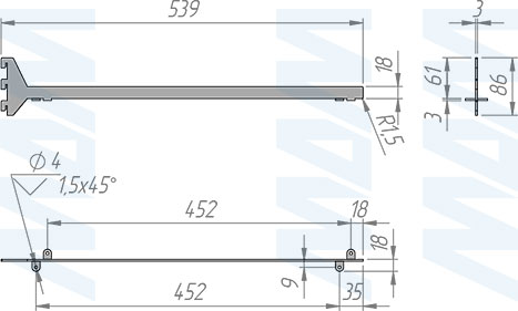 Размеры центрального полкодержателя VERTIKO для деревянной полки 18 мм (артикул VR5018C)