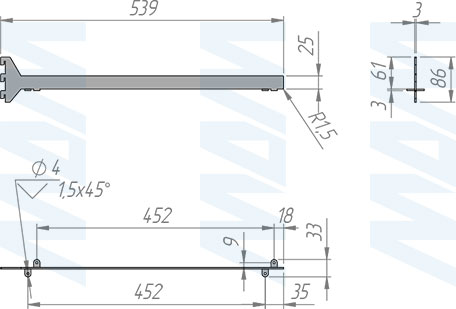 Размеры центрального полкодержателя VERTIKO для деревянной полки 25 мм (артикул VR5025C)