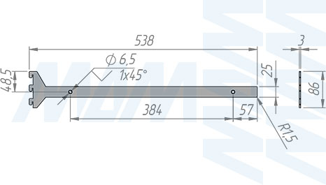 Размеры универсального кронштейна VERTIKO  для деревянной полки толщиной 25 мм и длиной 500 мм  (артикул VR5025)