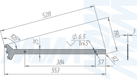Размеры универсального кронштейна VERTIKO для наклонной деревянной полки толщиной 25 мм и длиной 500 мм (артикул VR50SR25)