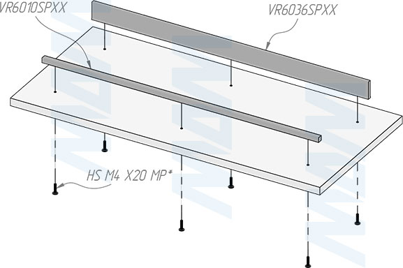 Установка переднего и заднего профиля VERTIKO 600 мм для полки под обувь (артикул VR6010SP и VR6036SP), схема 2